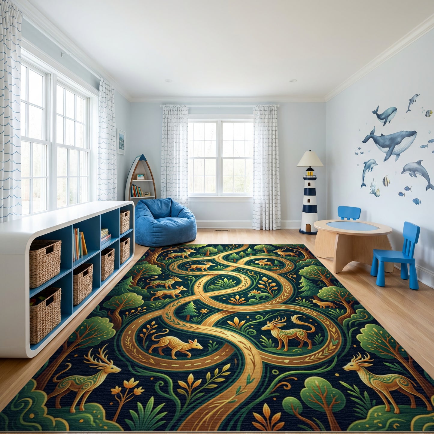 Mystical Forest Deer Golden Winding Path Rug