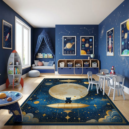 Navy Starry Golden Moon Bear Airship Rug