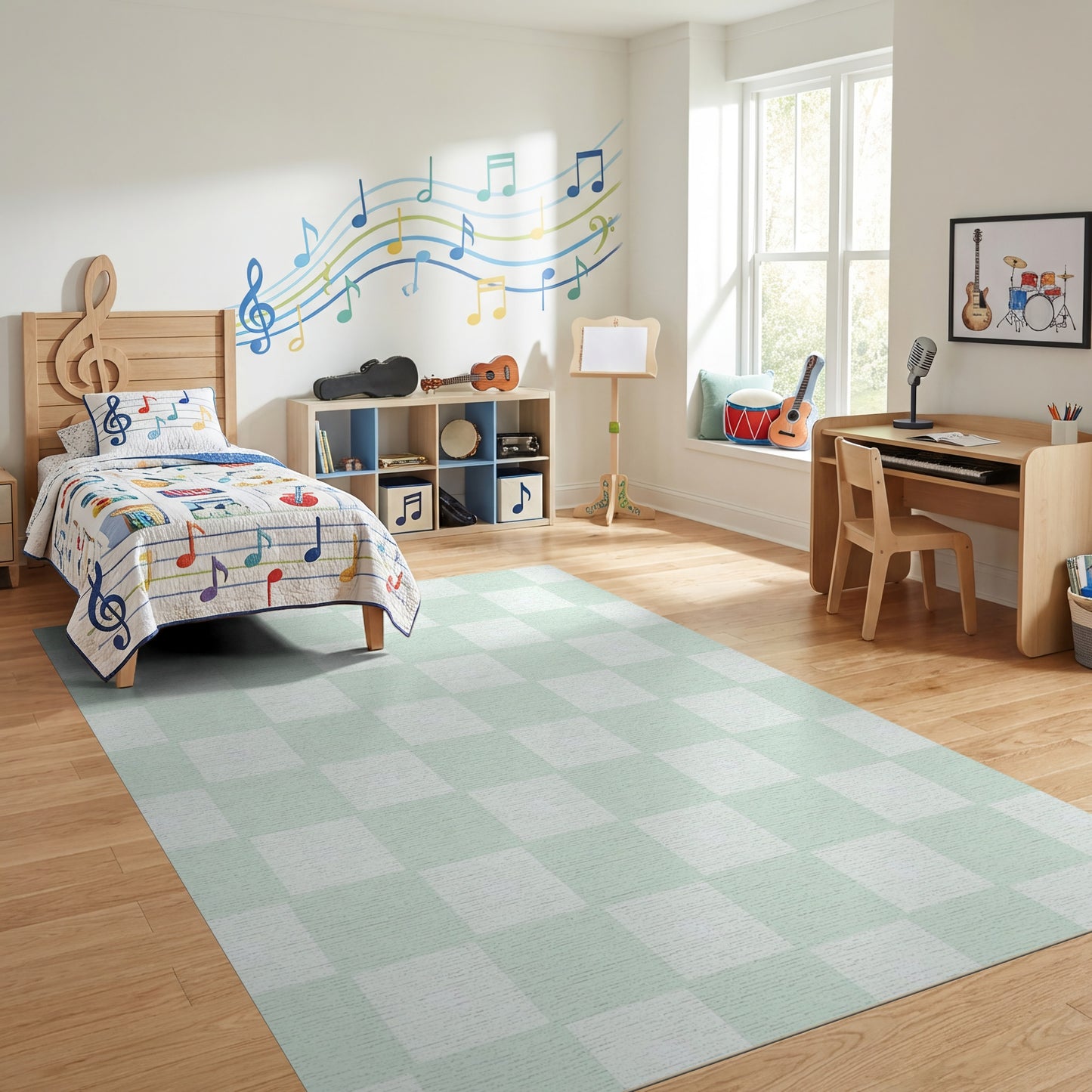 Pale Green Checkered Minimalist Rug