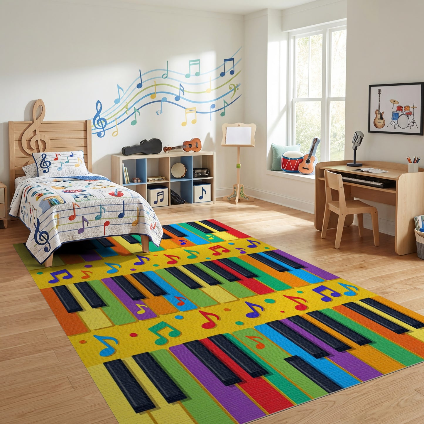 Vibrant Piano Keys Musical Notes Rug