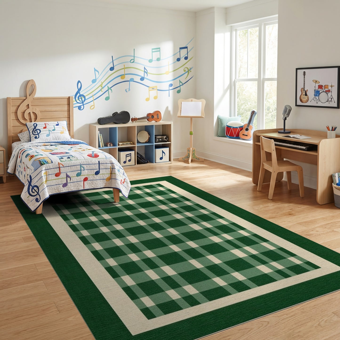 Green and White Checkered Border Rug