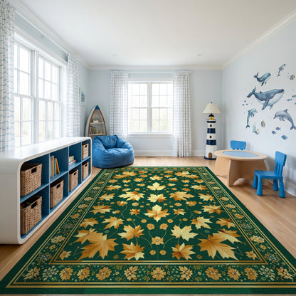 Ornate Golden Maple Leaves Green Rug