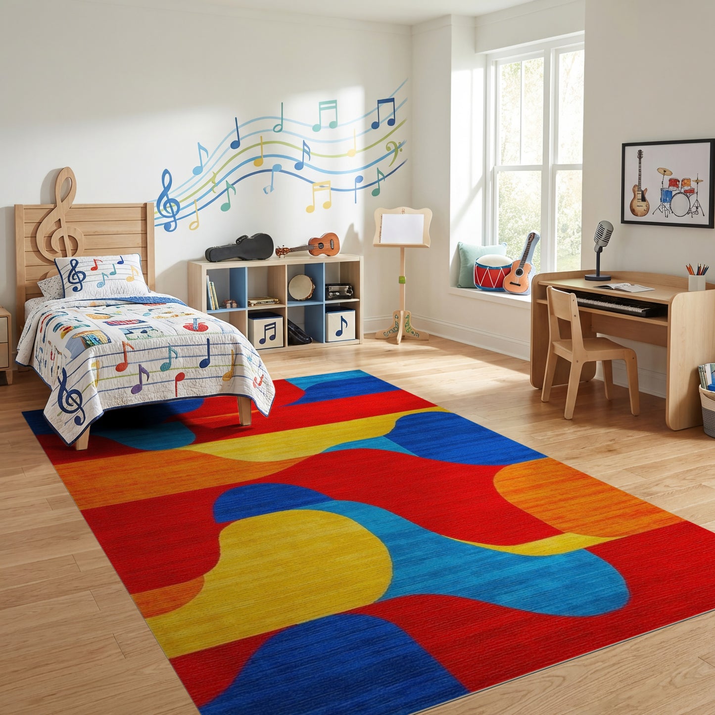 Vibrant Wavy Red Blue Orange Yellow Rug