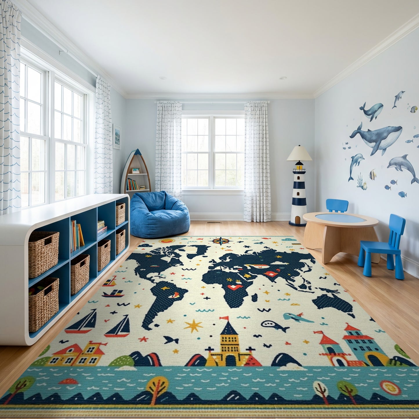 Whimsical Nautical World Map Adventure Rug