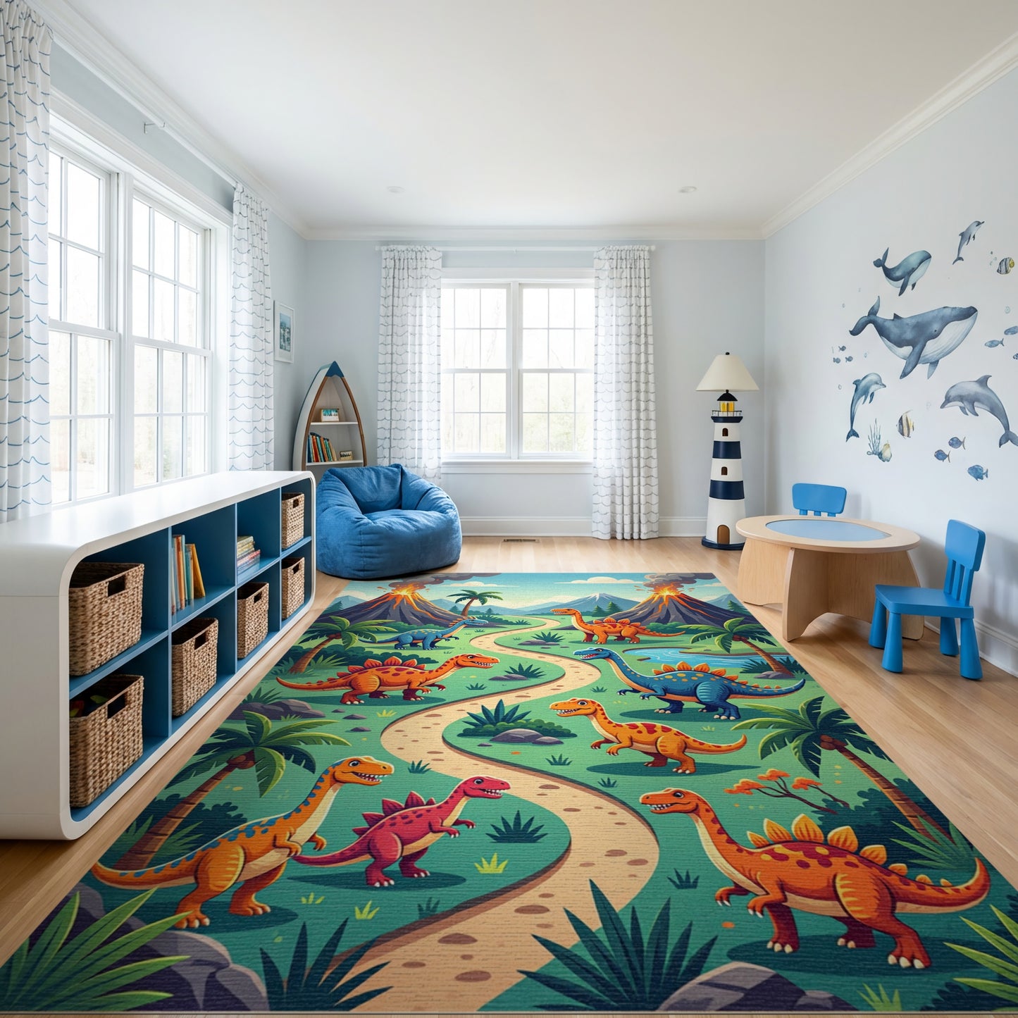 Bright Dino Trail Erupting Volcanoes Rug