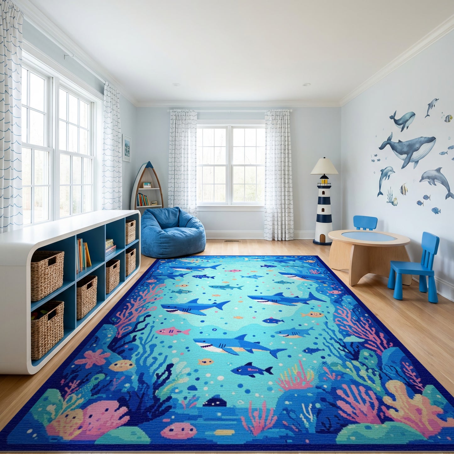 Vibrant Blue Sharks Coral Fish Rug