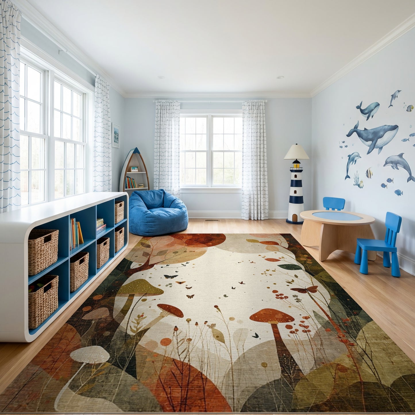 Autumn Whimsical Mushroom Leaves Butterflies Rug