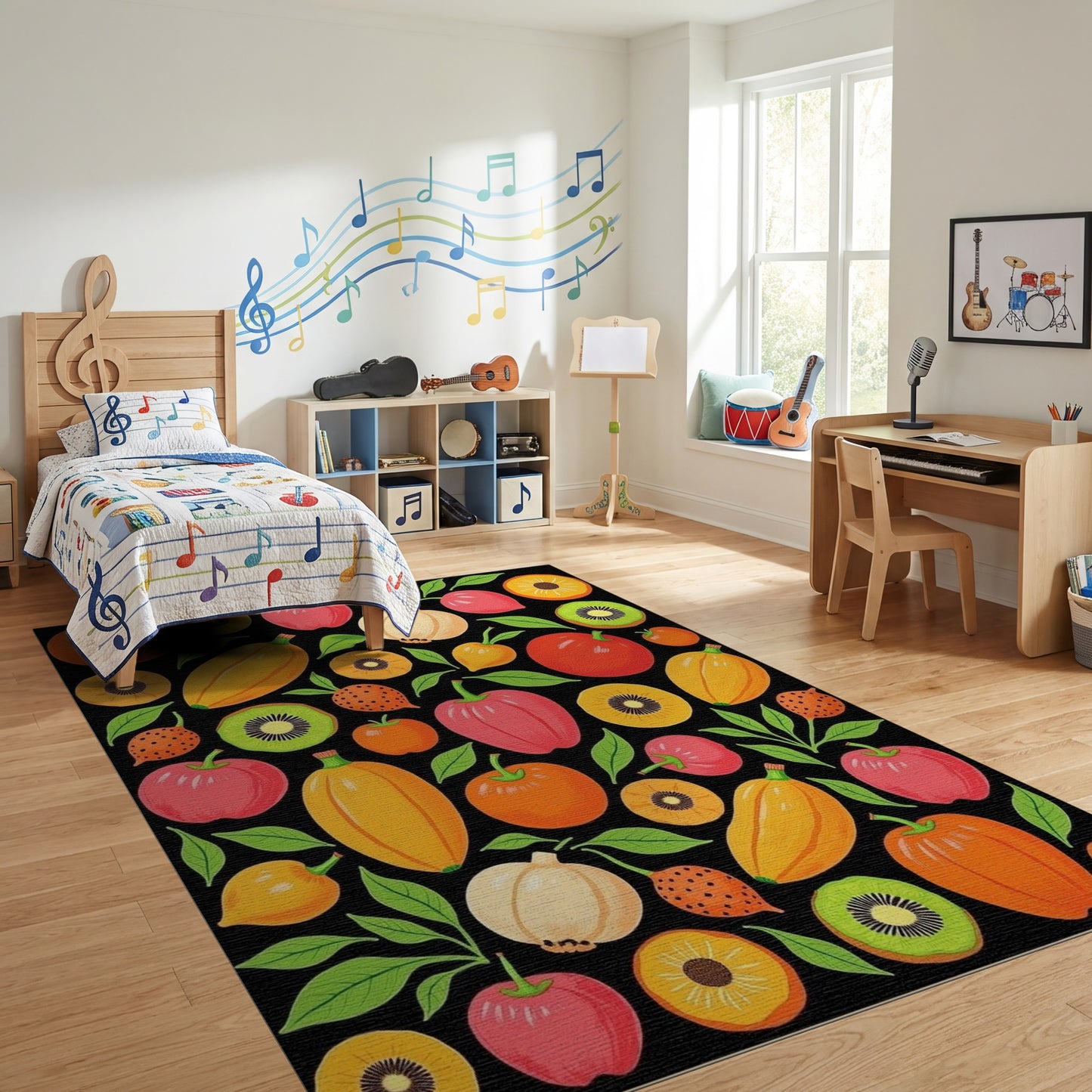 Vibrant Whimsical Fruits Vegetables Leaves Rug