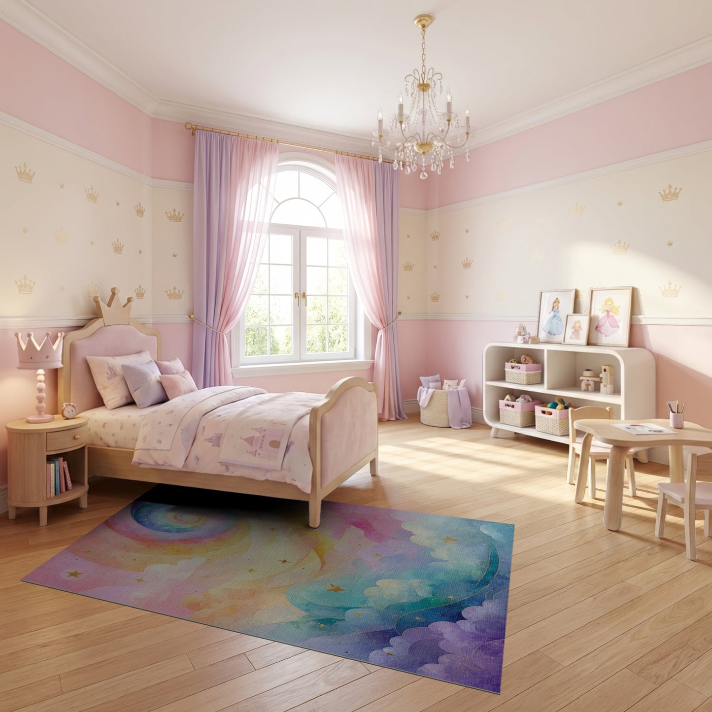 Dreamy Rainbow Spiral Stars Clouds Rug