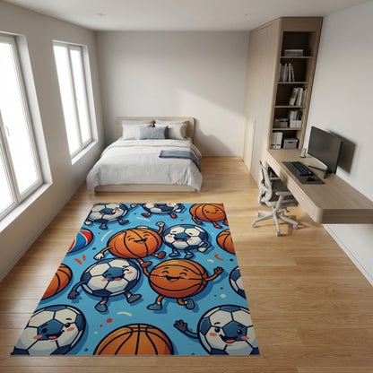 Playful Cartoon Soccer Basketball Dancing Rug