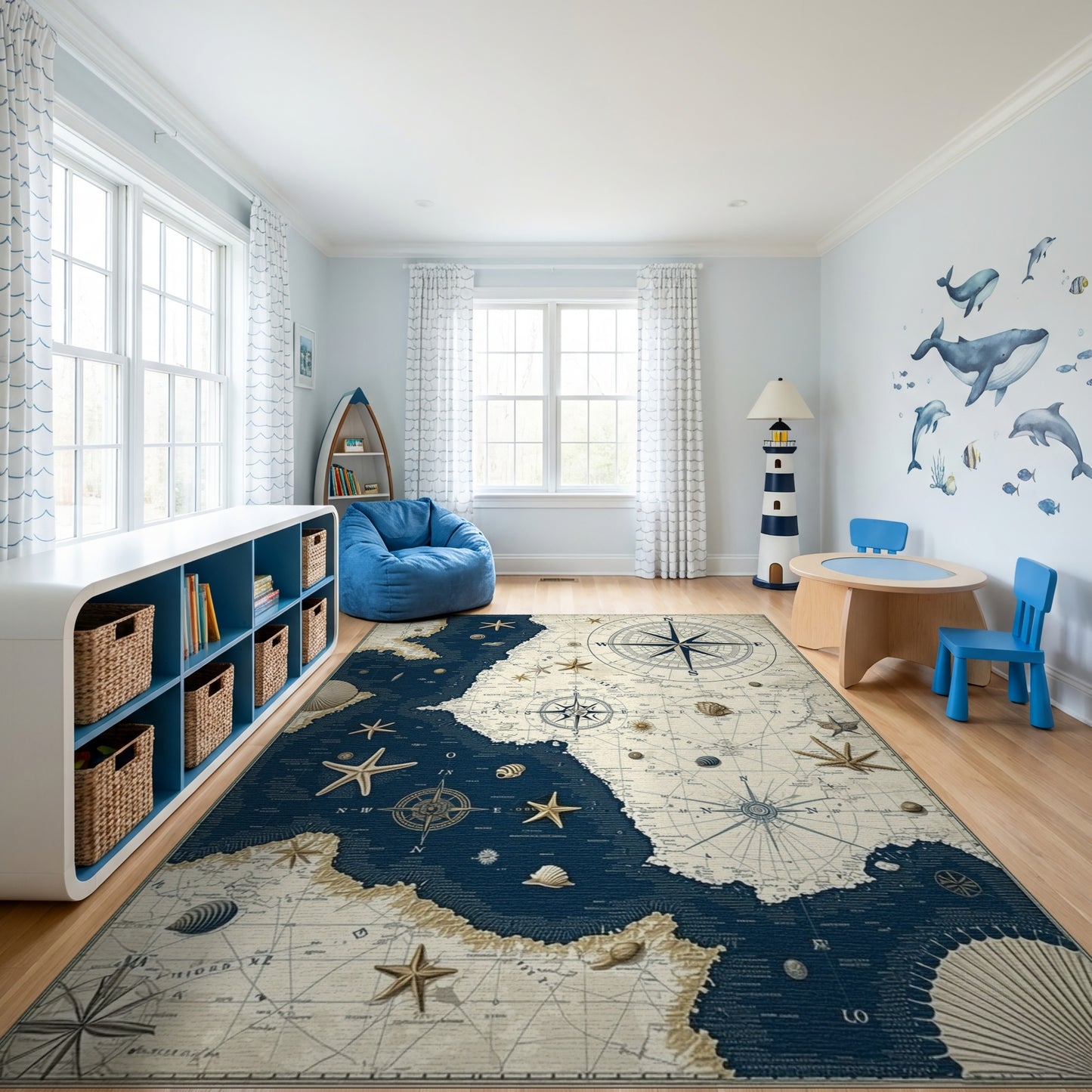 Vintage Nautical Compass Starfish Rug