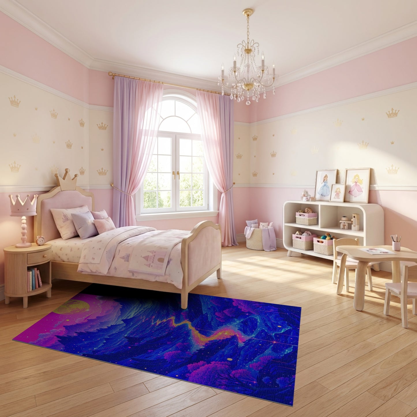 Vibrant Neon Mountain Moon River Rug