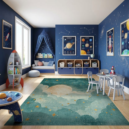 Teal Whimsical Stars Moon Clouds Rug