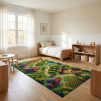 Vibrant Isometric Farm Barn Scene Rug