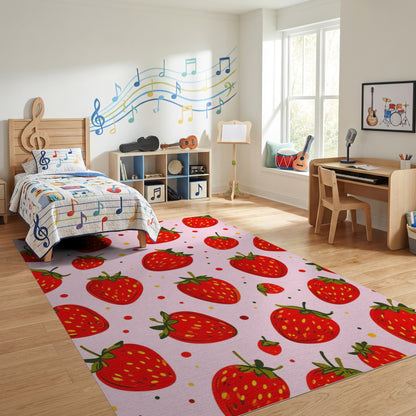 Whimsical Pink Strawberry Yellow Dots Rug