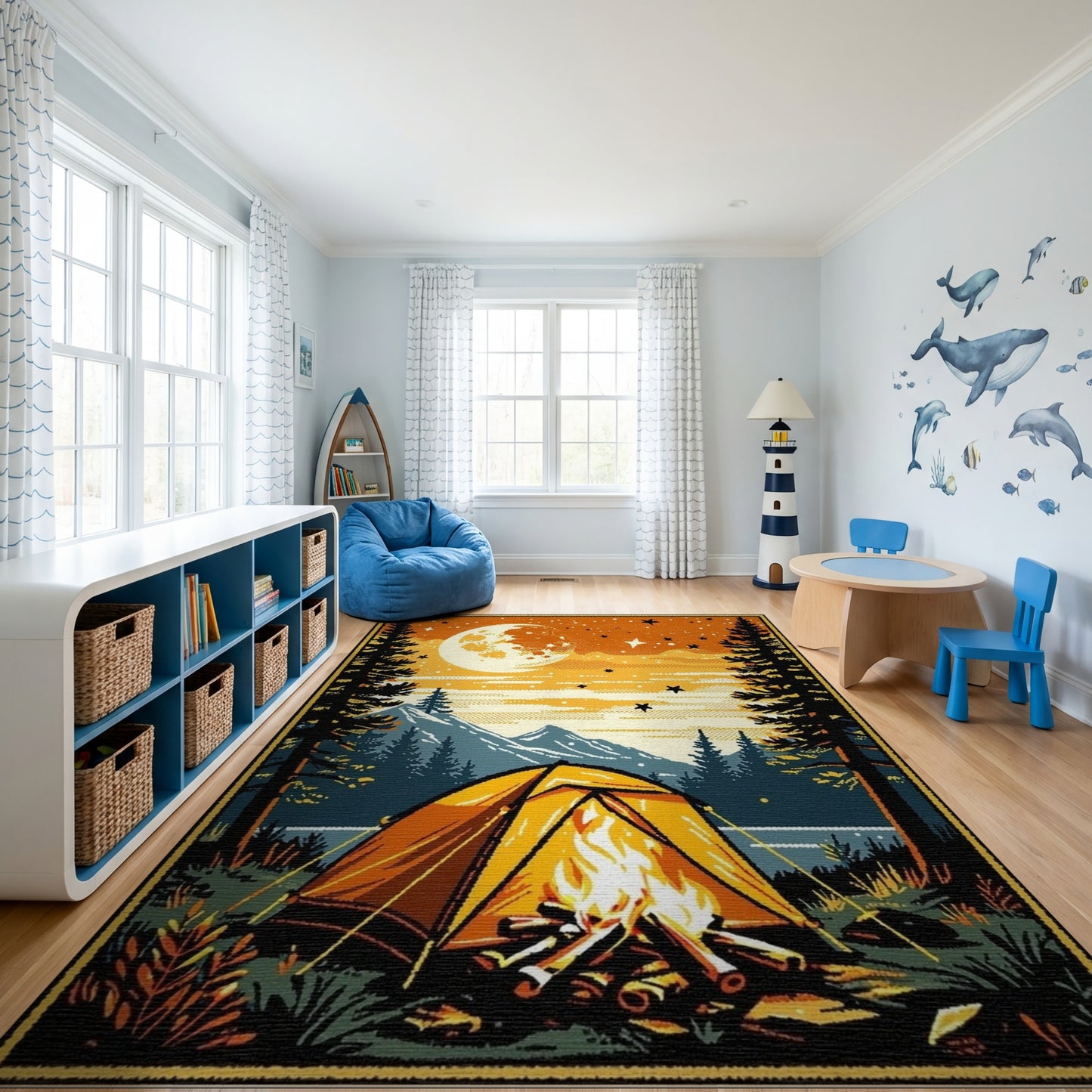 Retro Moonlit Campfire Tent Forest Rug