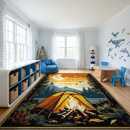 Retro Moonlit Campfire Tent Forest Rug