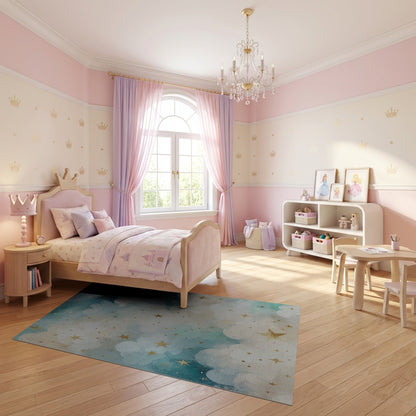 Dreamy Teal Clouds Golden Stars Rug