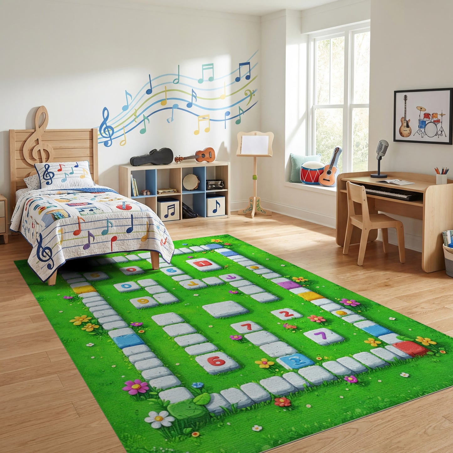 Playful Colorful Floral Numbered Tiles Rug