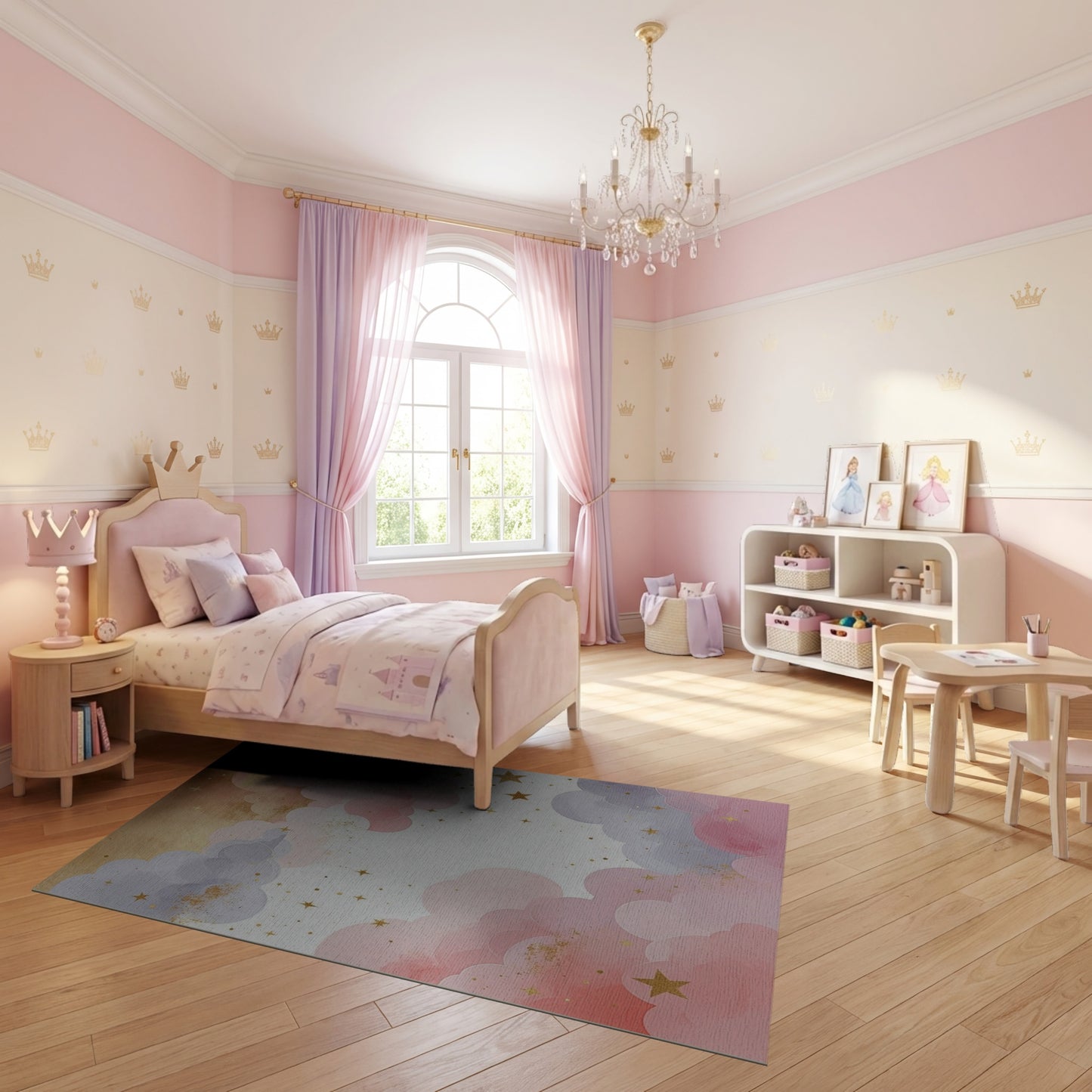 Dreamy Pastel Clouds Gold Stars Rug
