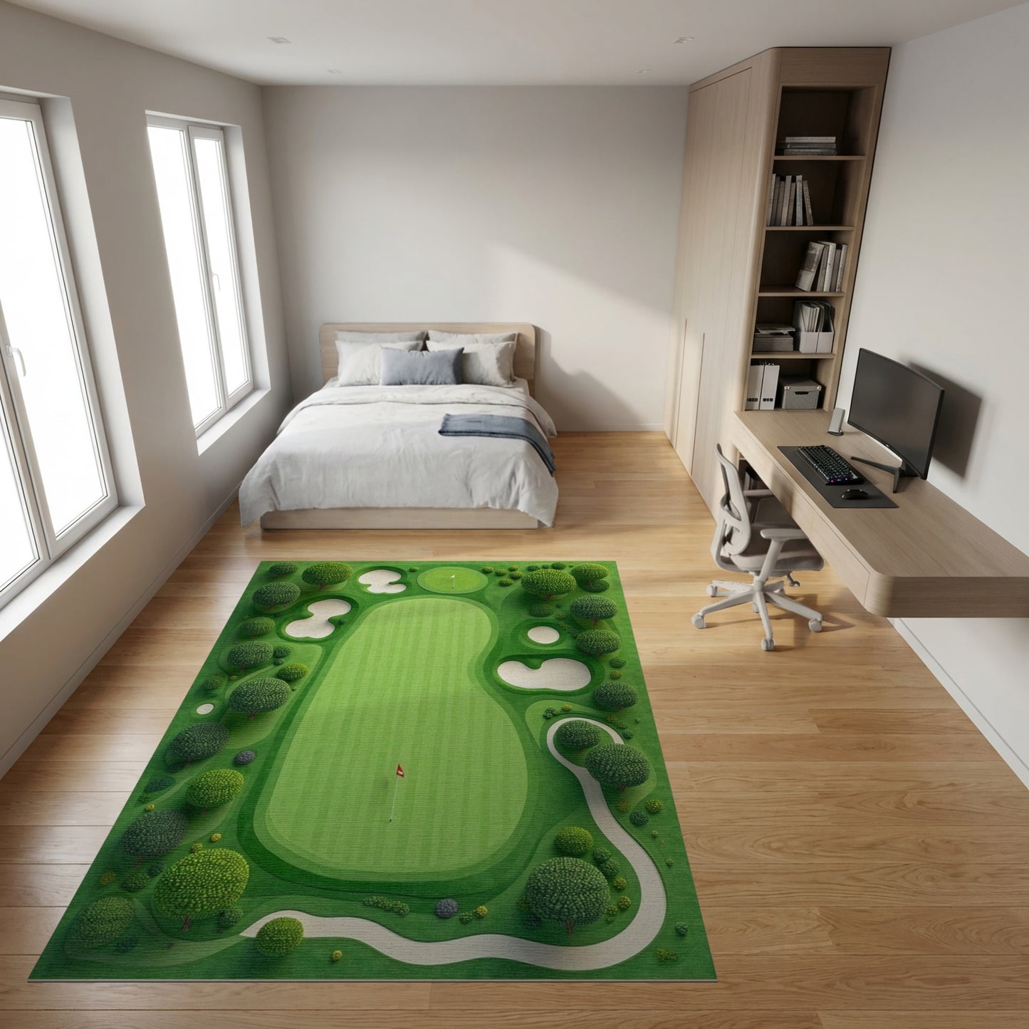 Vibrant Lush Green Golf Trees Bunkers Rug