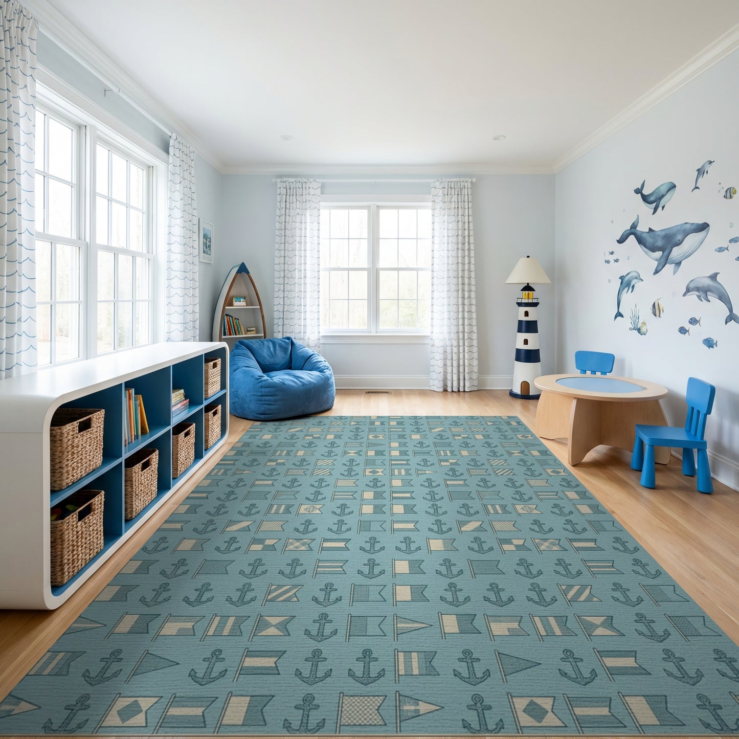 Teal Nautical Flags Anchors Rug