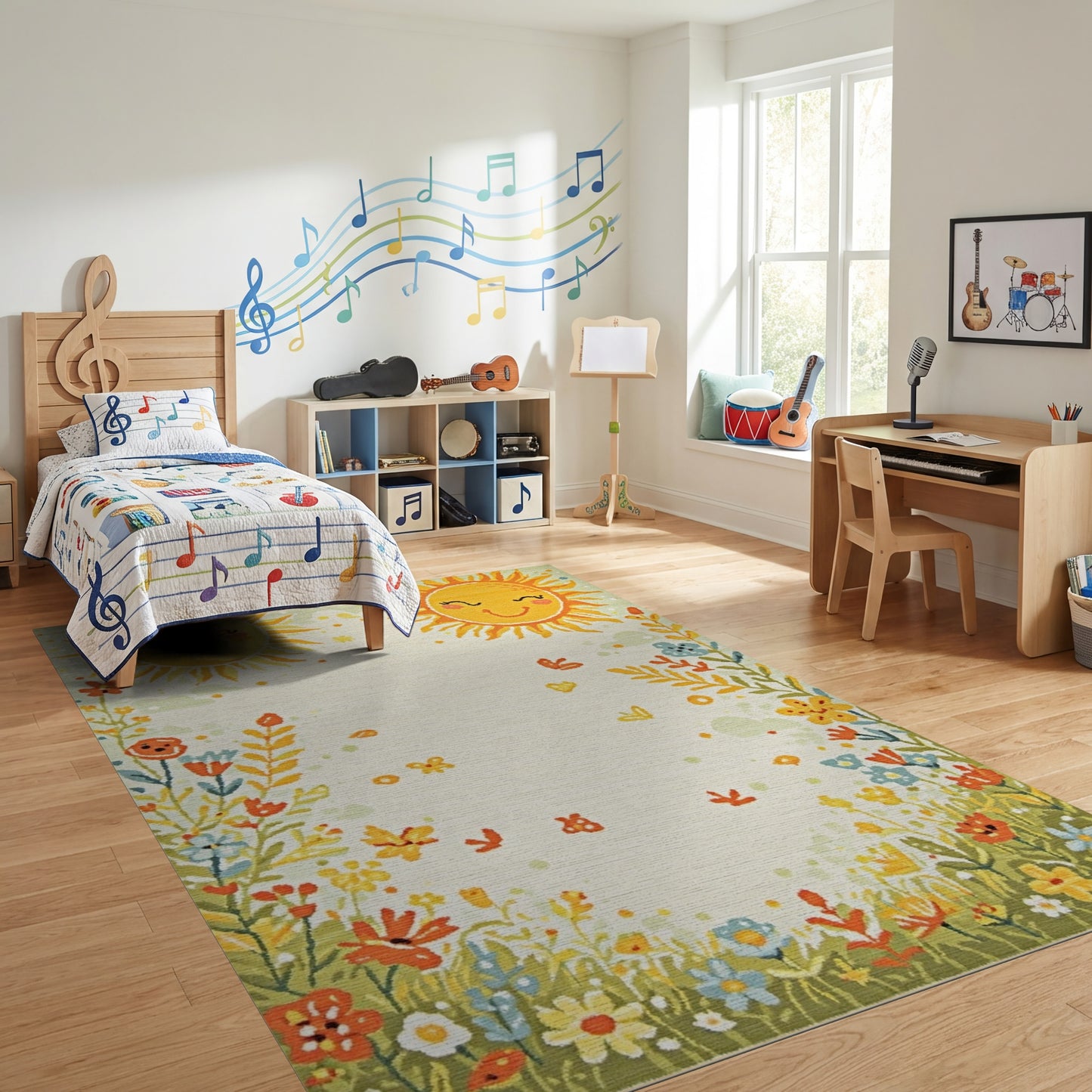 Whimsical Smiling Suns Floral Butterflies Rug