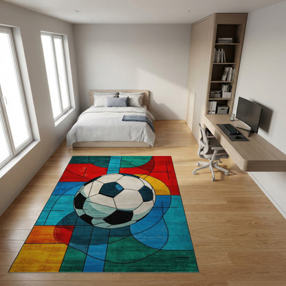 Vibrant Geometric Soccer Ball Rug