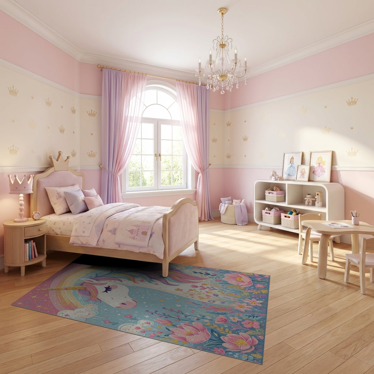 Whimsical Unicorn Rainbow Floral Stars Rug