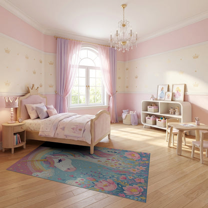 Whimsical Unicorn Rainbow Floral Stars Rug