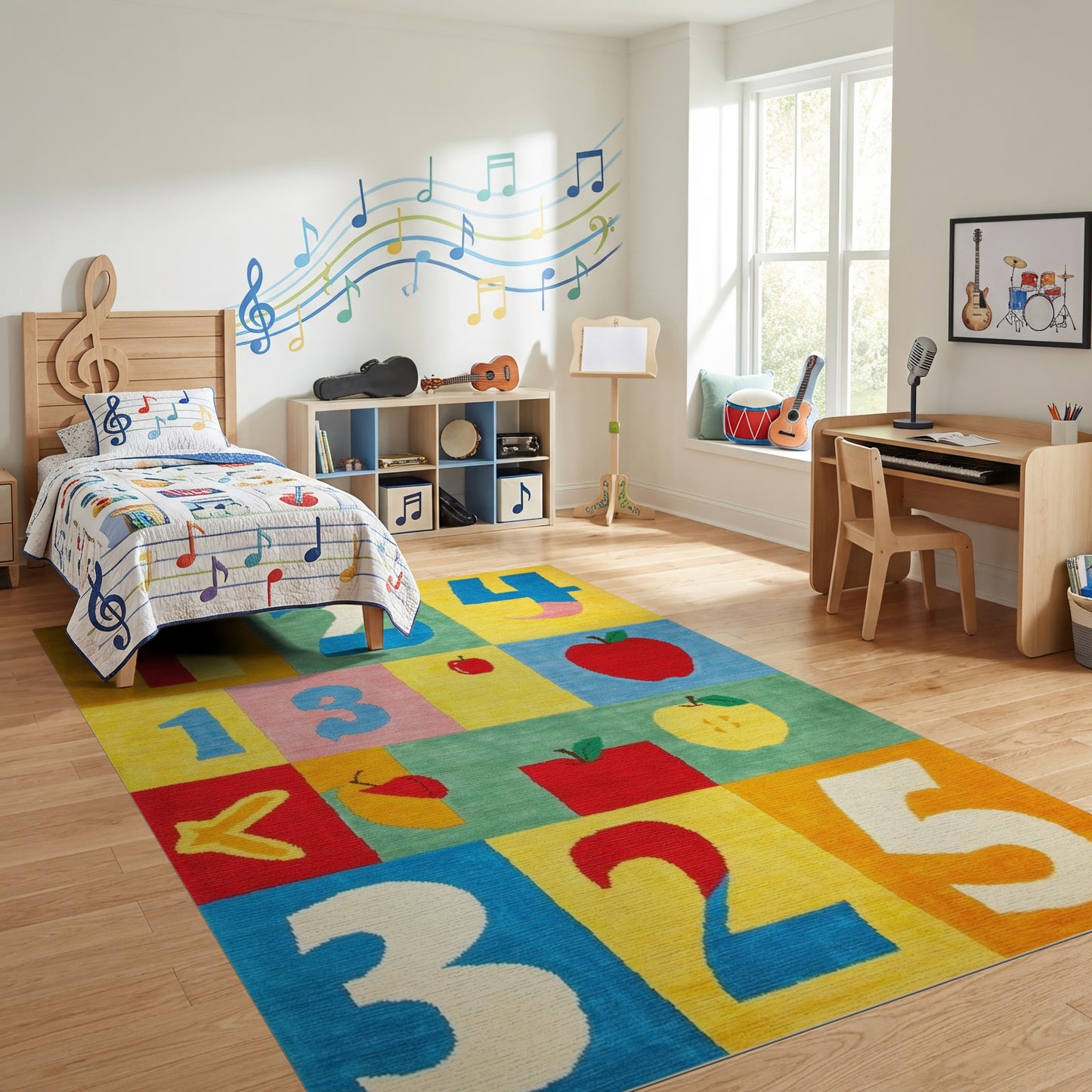 Playful Color Block Numbers Apples Rug