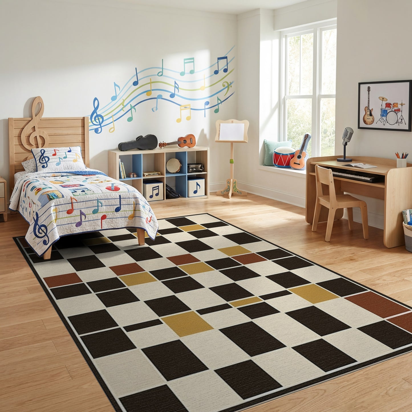 Geometric Rust Gold Black Grid Rug