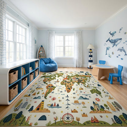 Whimsical Illustrated World Map Rug