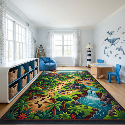 Vibrant Jungle Paw Path Volcano Ruins Rug