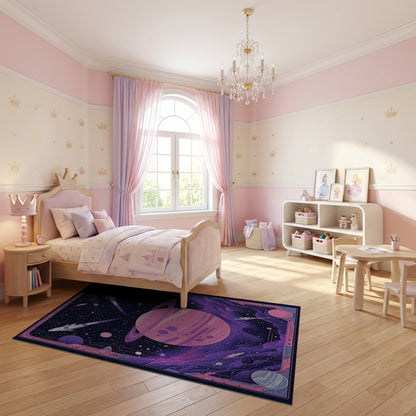 Pink Saturn Rockets Cosmic Nebula Rug