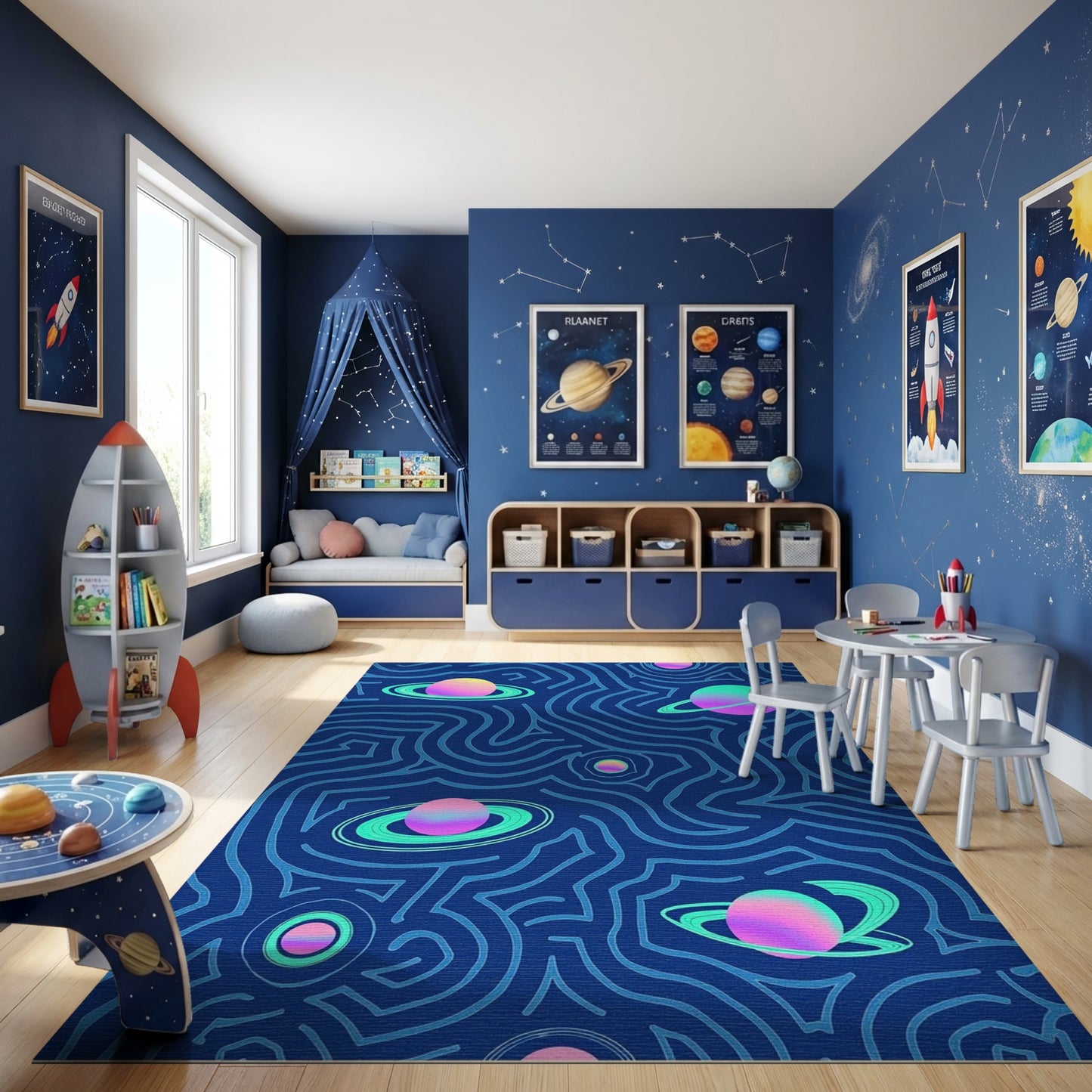 Navy Wavy Cosmic Ringed Planets Rug