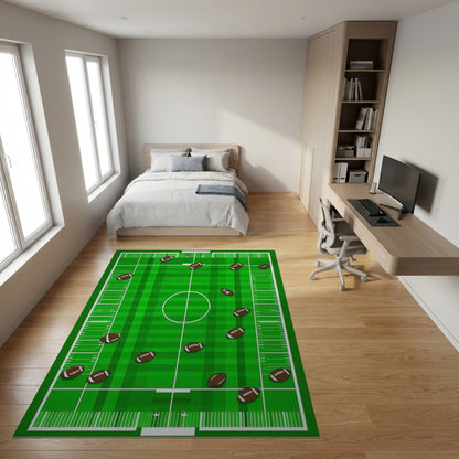 Green Scattered Footballs Gridiron Pattern Rug