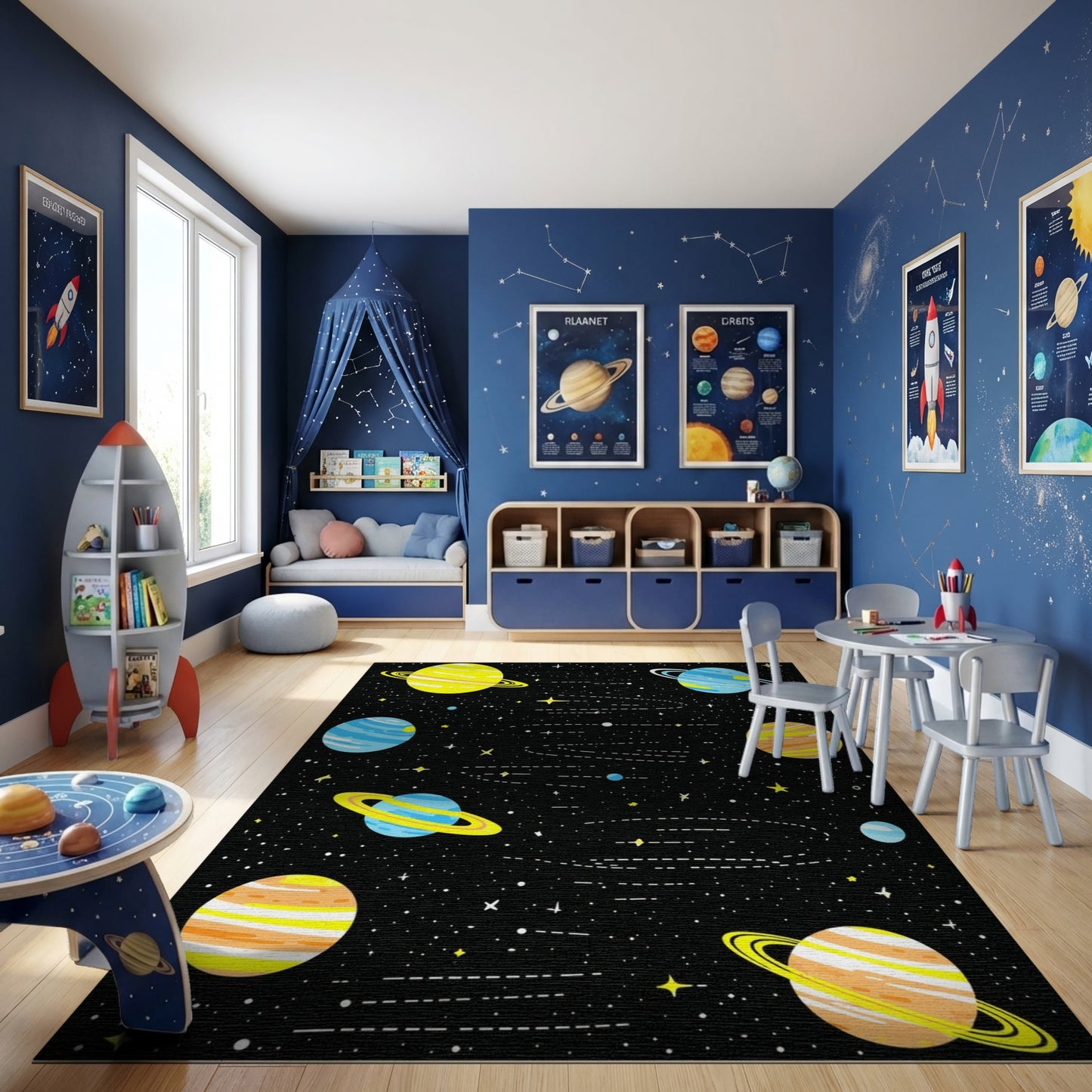 Vibrant Cosmic Planets Rings Stars Rug 2
