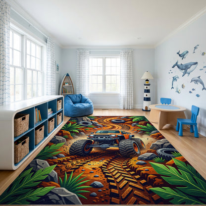 Vibrant Monster Truck Jungle Trail Rug