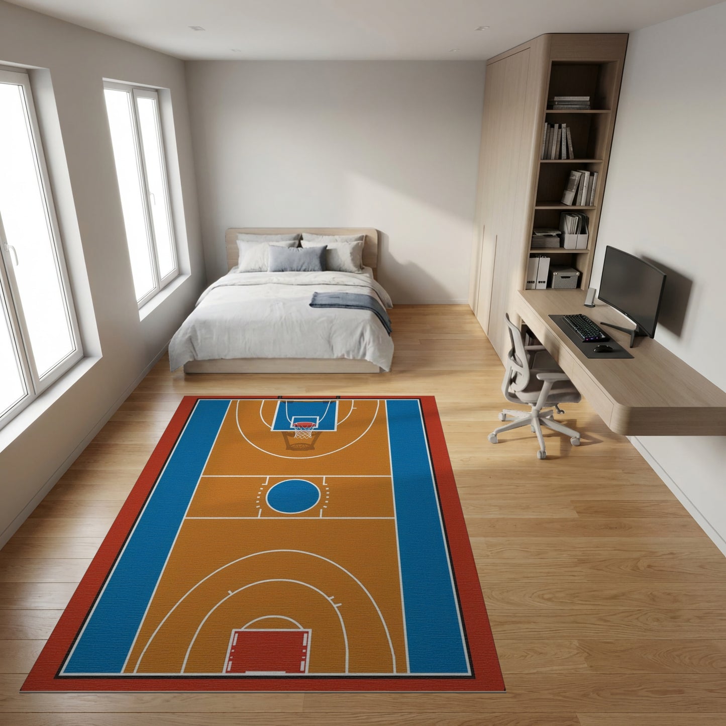 Bold Tan Blue Basketball Court Rug