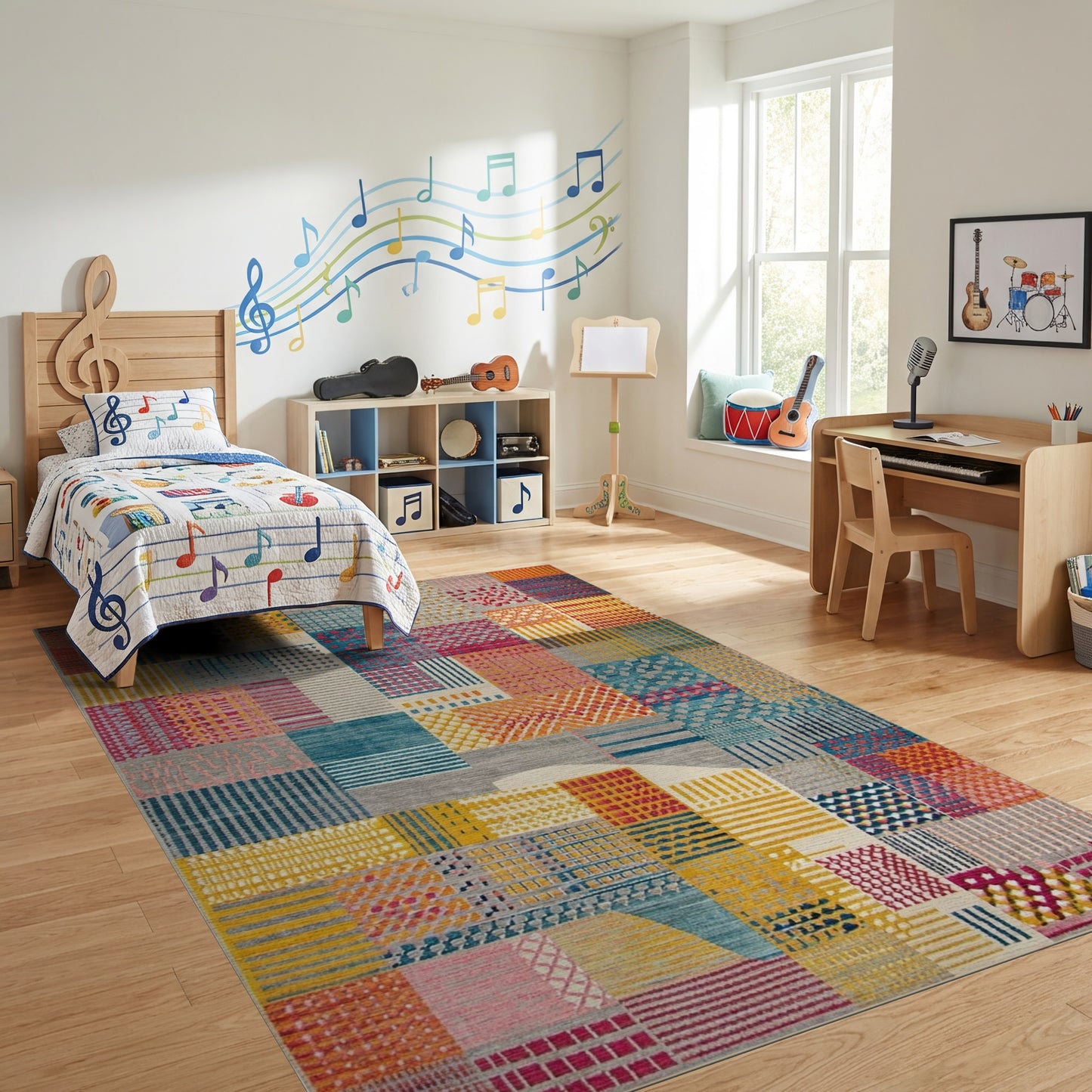 Vibrant Multicolored Geometric Patchwork Rug