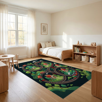 Whimsical Train Loop Village Forest Rug