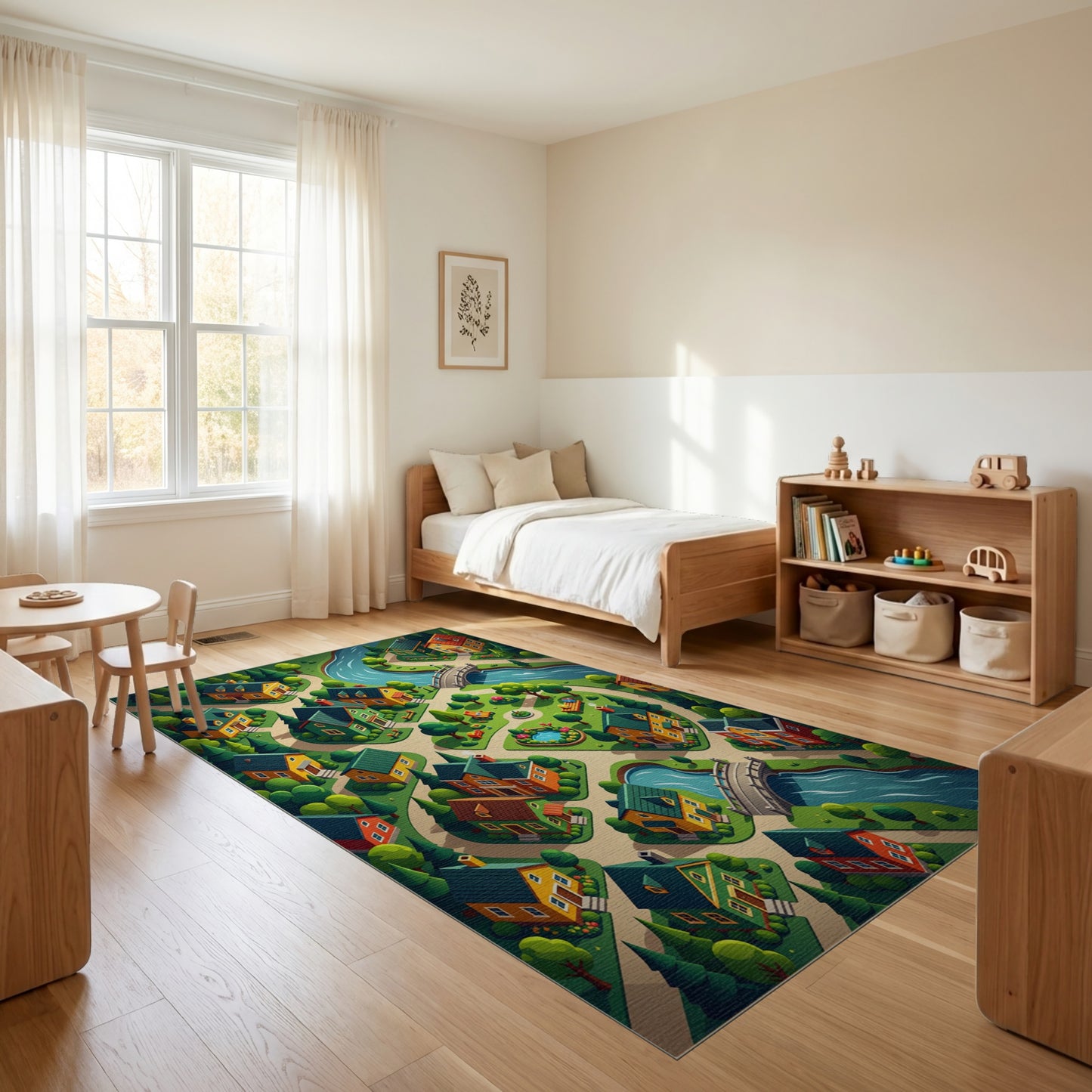 Whimsical Colorful Village River Forest Rug