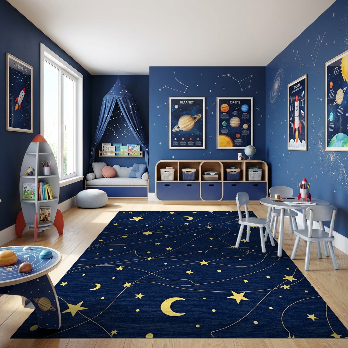 Navy Gold Stars Crescent Moons Rug