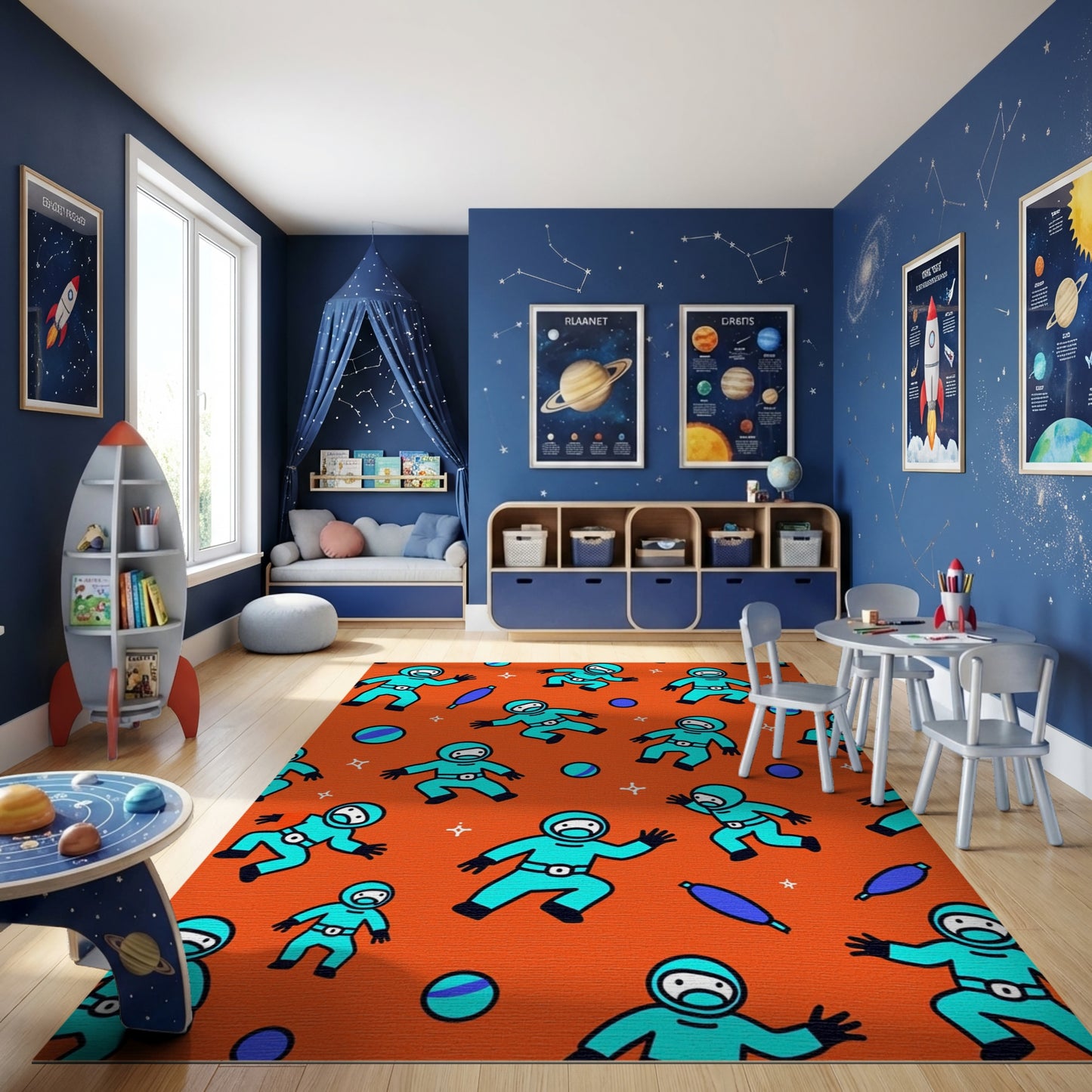 Playful Cyan Astronauts Orange Stars Rug