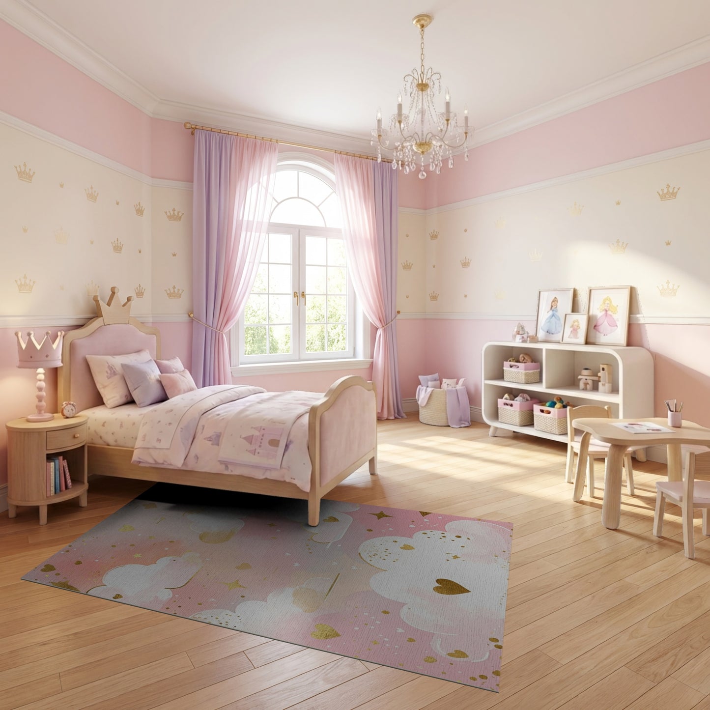 Whimsical Pink Clouds Hearts Stars Rug