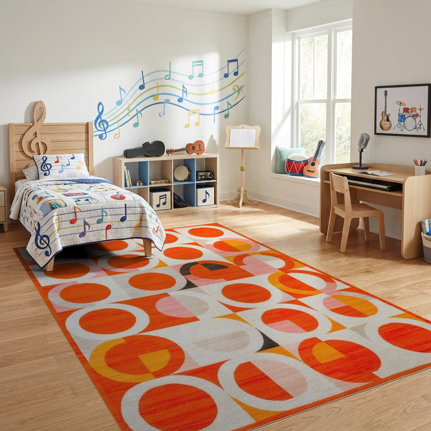 Vibrant Orange Pink Circles Geometric Rug