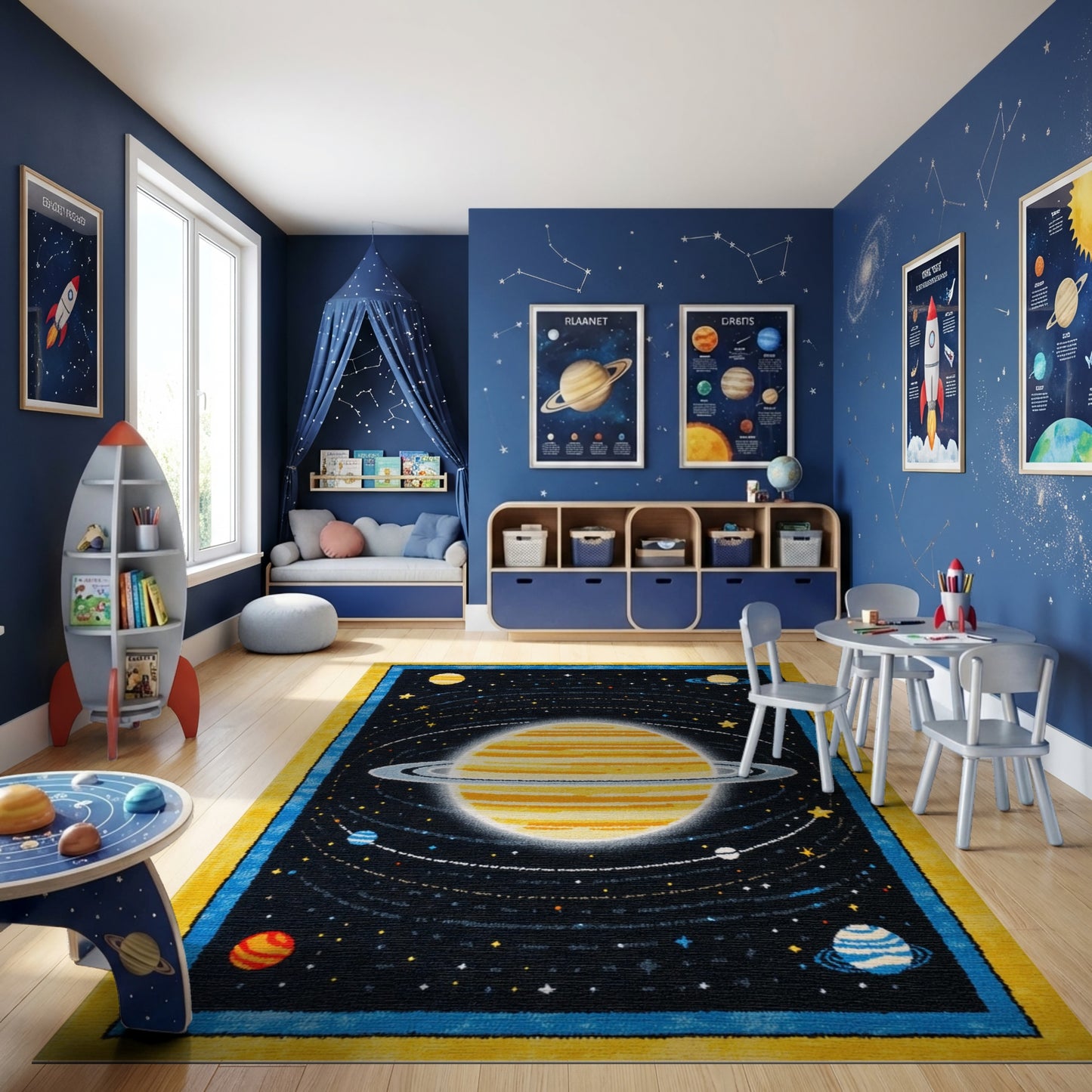 Cosmic Saturn Rings Stars Planets Rug