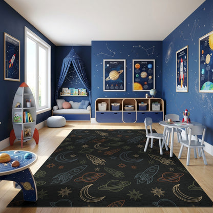 Cosmic Rockets Stars Moons Planets Rug