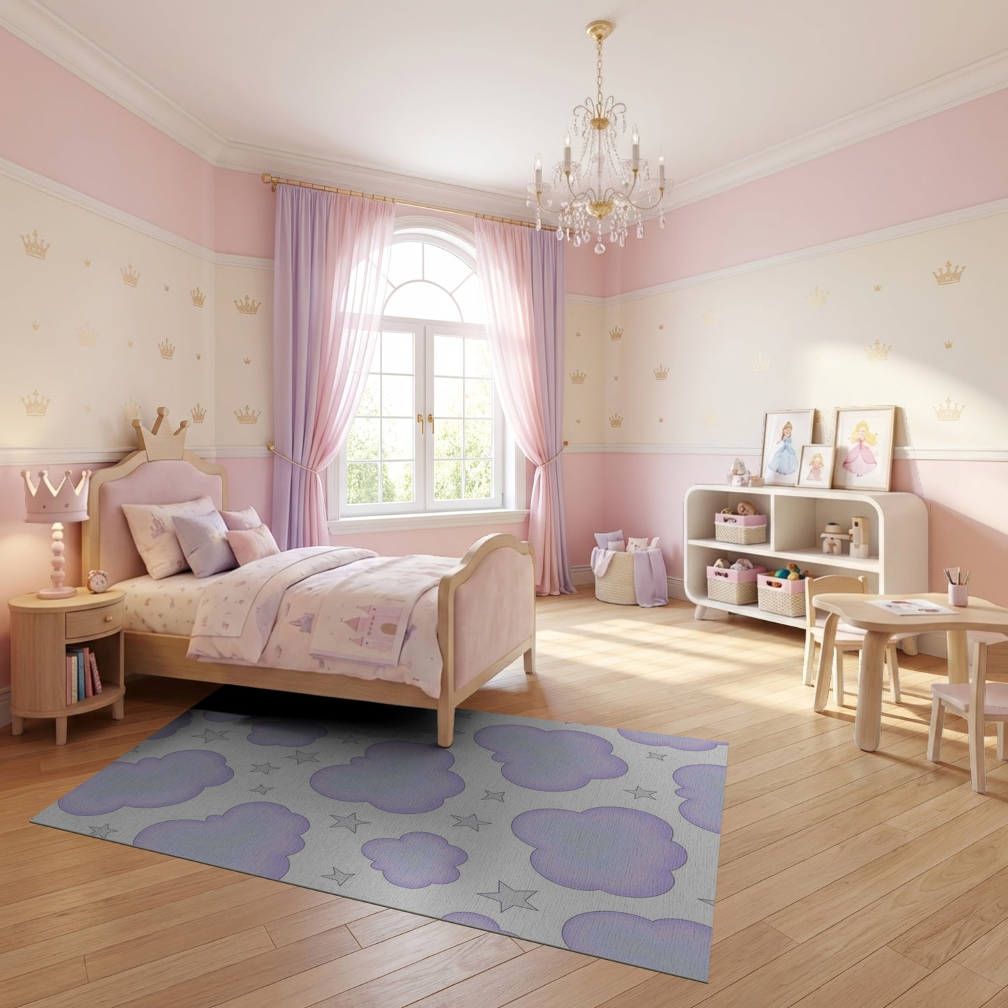 Whimsical Purple Clouds Silver Stars Rug